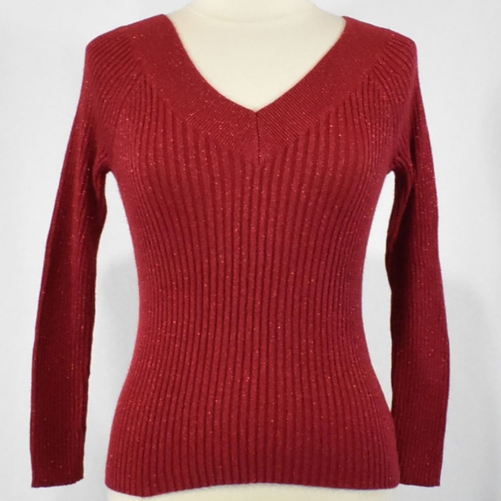 NY&Company Red VNeck Holiday Sparkle Sweater-Large - Picture 1 of 8